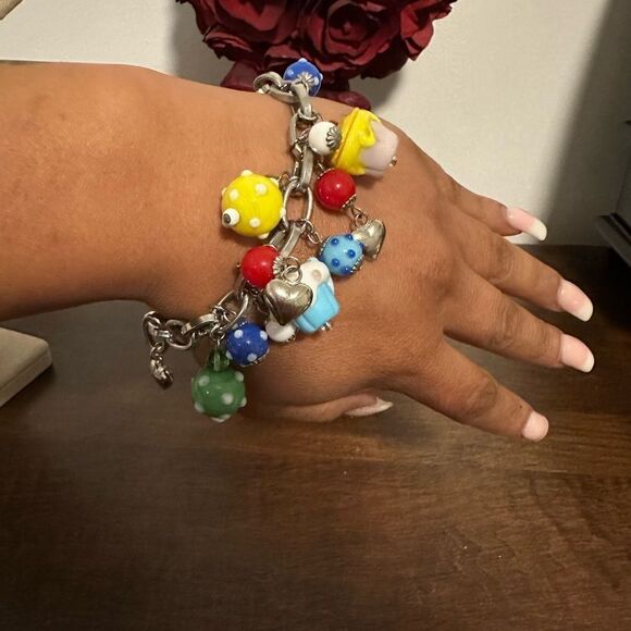 Gorgeous multicolored charm glass bracelet , with cupcakes, and mushrooms beads - Picture 1 of 5